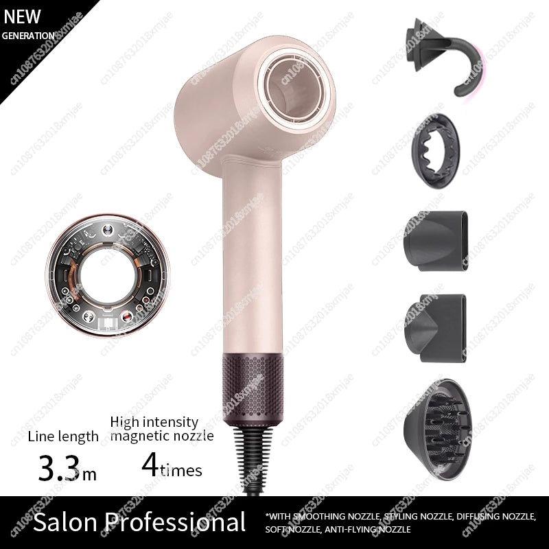 Pink ionic hair dryer with magnetic nozzle base and diffuser and nozzle pieces