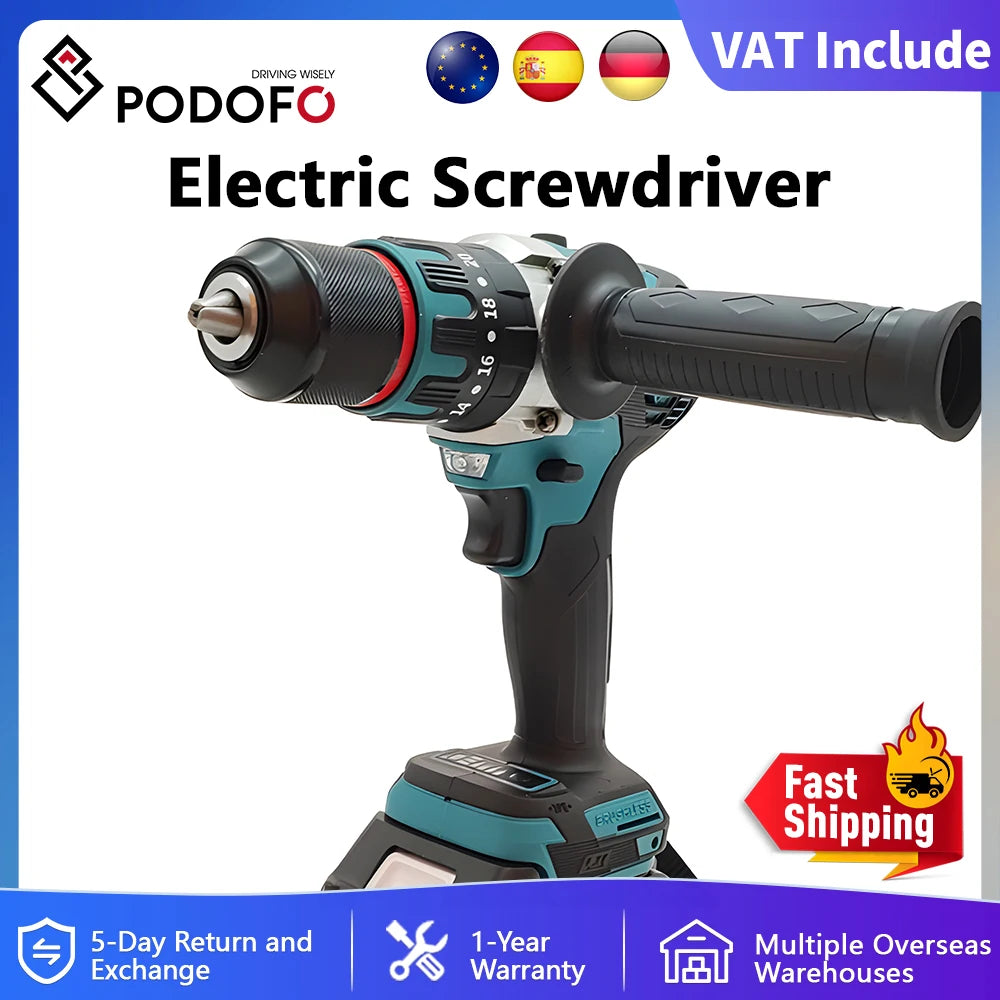 Podofo Brushless Electric Drill Screwdriver Power Tools Metal Chuck Impact Hammer Drill  Cordless Motor Screwdriver Power Tools