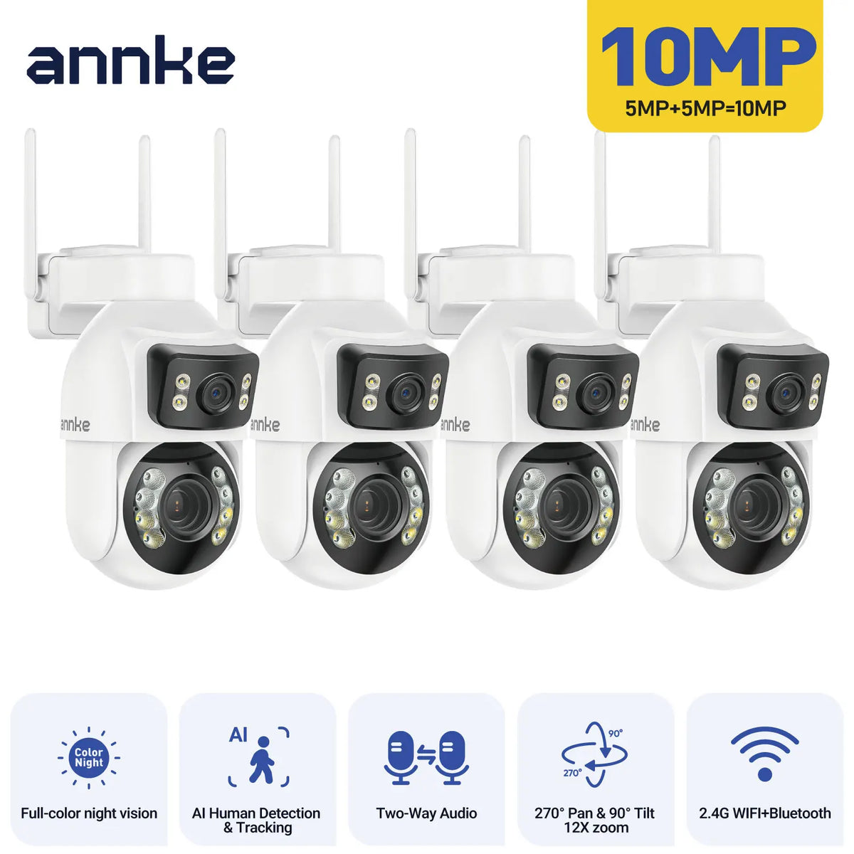 Four ANNKE dual-lens PTZ security cameras with night vision lenses, white outdoor domes