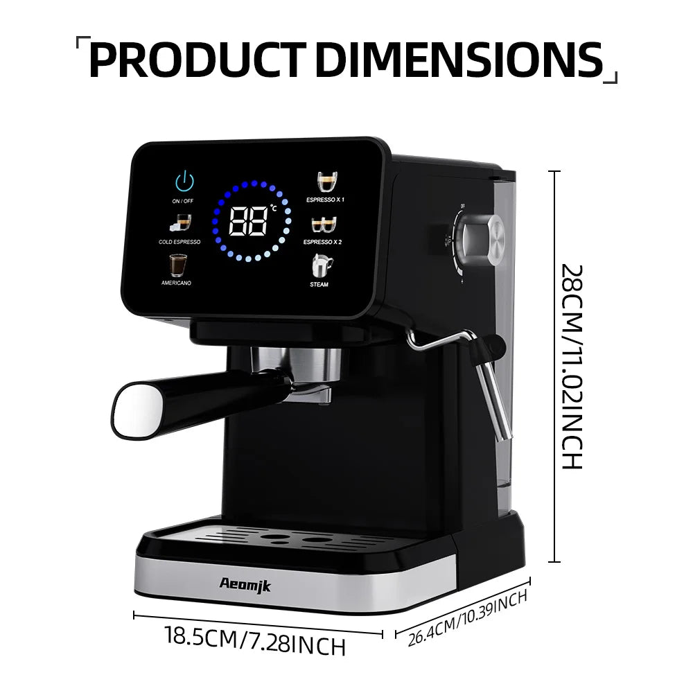 Aeomjk black espresso coffee machine with digital touch display and steam wand, 28cm high dimensions graphic.