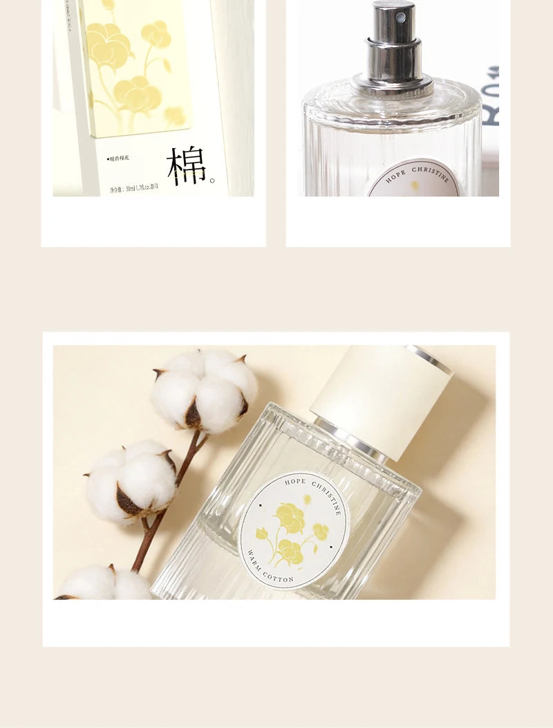 Hope Christine Warm Cotton unisex perfume: fresh, long-lasting soap scent in a ribbed glass bottle with floral notes.
