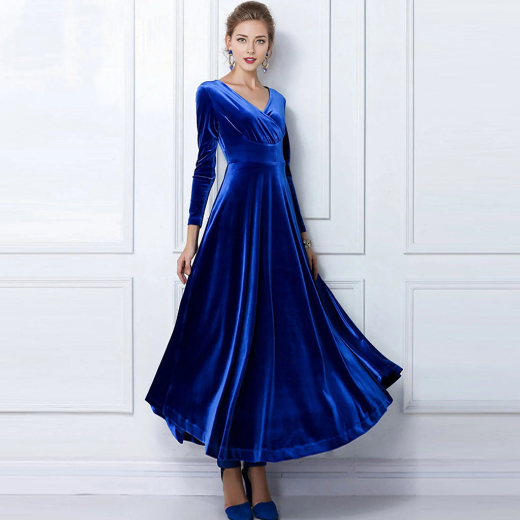 Vintage Women Autumn Long Sleeve V Neck Pleated Velvet Banquet Party Maxi Dress Party Wedding Elegant Evening dress 