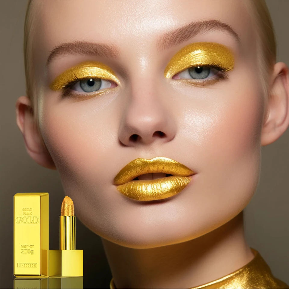 Model wearing long-lasting waterproof glitter gold lipstick with a metallic finish, packaged in a gold brick tube.