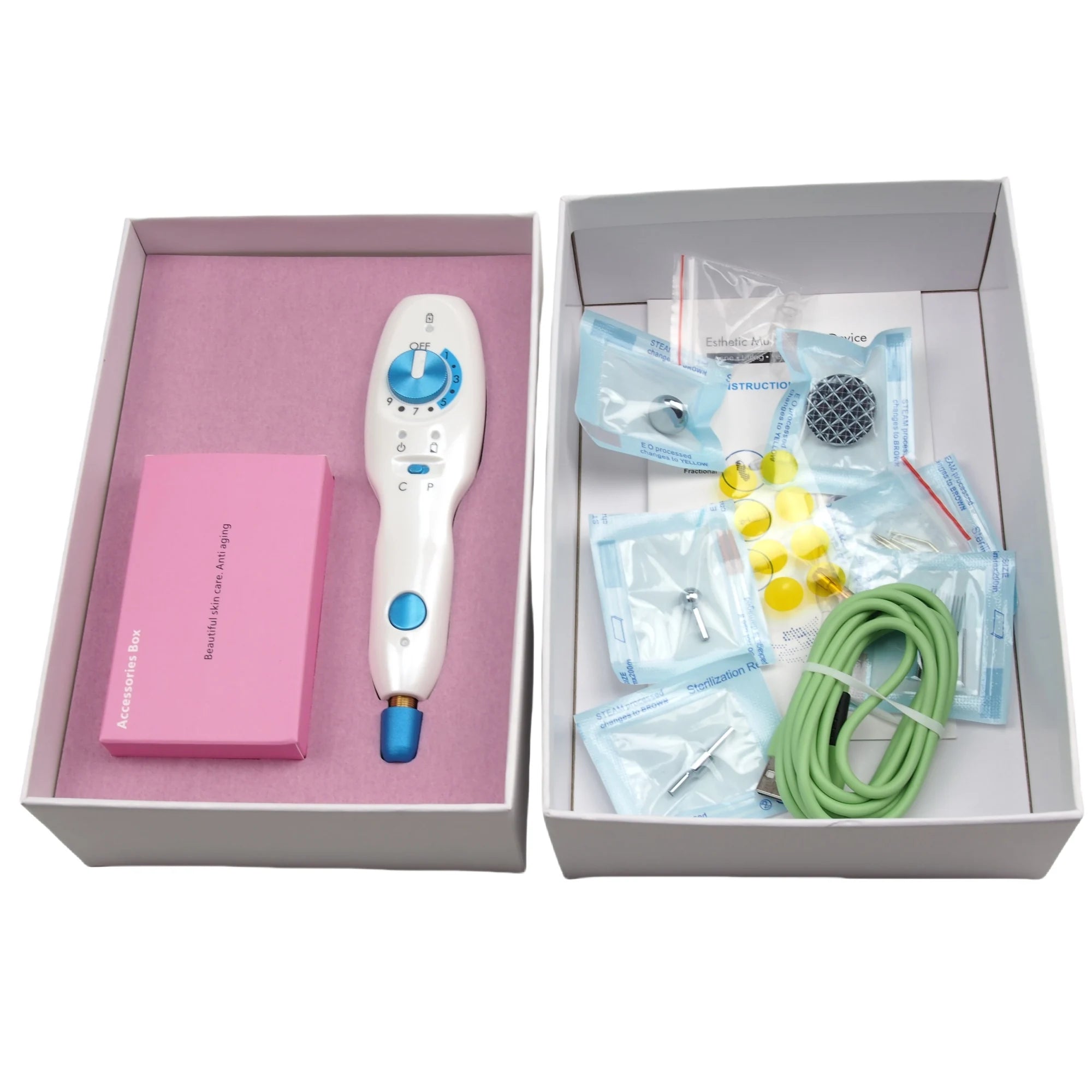 Wireless Plamax fibroblast cold plasma pen with accessories in box for acne, skin tightening, and blemish removal.