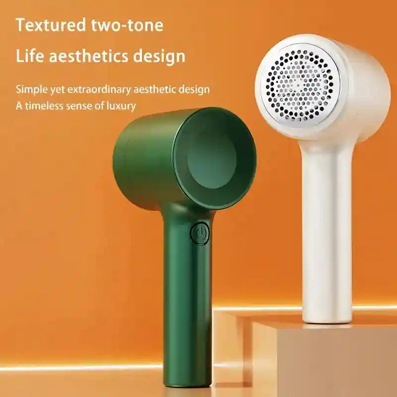 Tidesmit rechargeable fabric shaver removing lint and hair balls from a sweater, showcasing portable trimmer design
