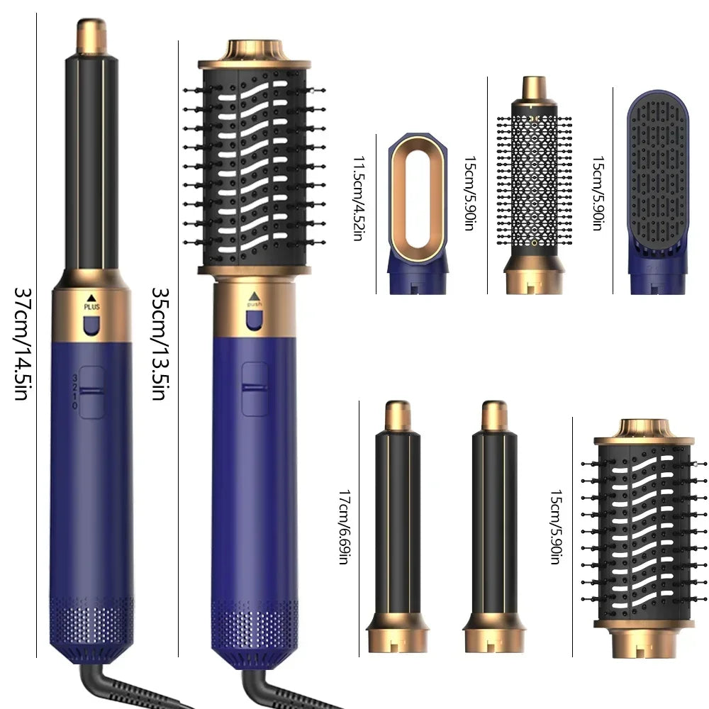Blue and gold 6-in-1 hair dryer brush set with interchangeable curling iron and hot styling comb attachments.