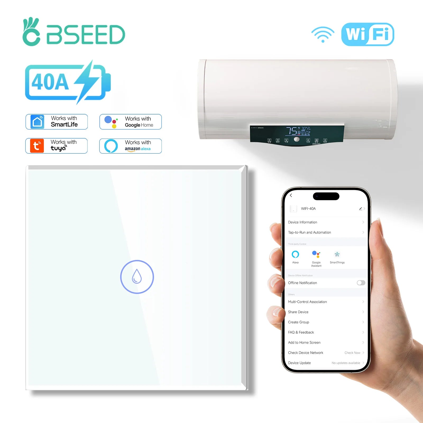 Smart Wifi Water Heater Switch - Remote Control Timer for Home Automation White Tidesmit