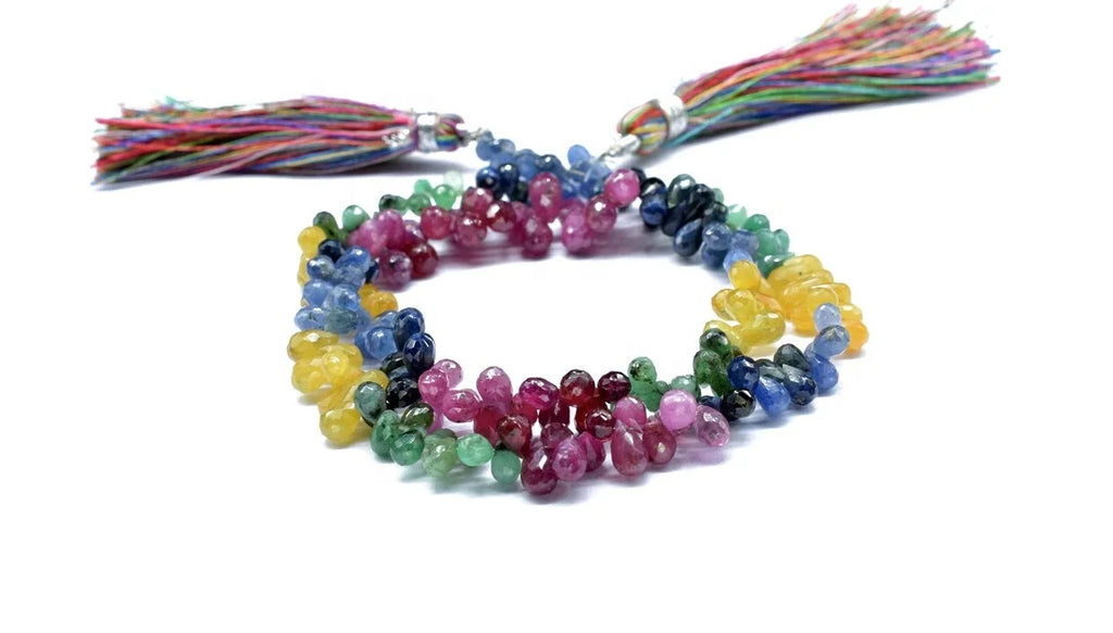 Multi-color faceted drop bead bracelet necklace with tassels, 4x6mm beads
