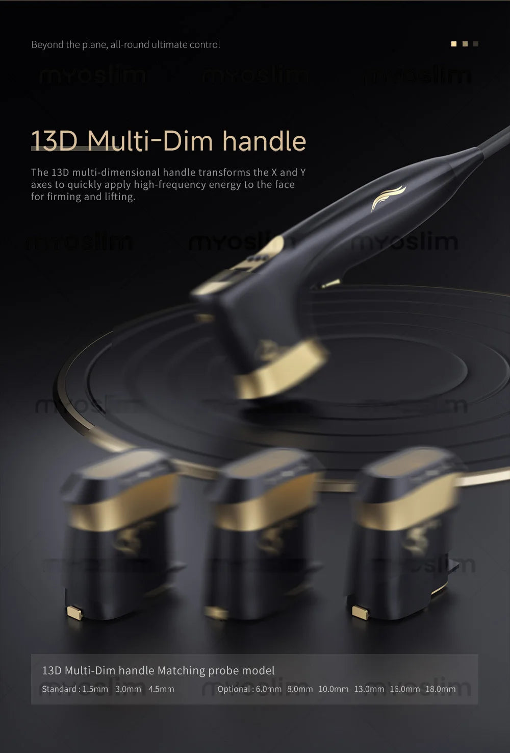 Tidesmit 22D MAX HIFU beauty equipment for facial tightening and fat reduction, side profile view of treatment handle