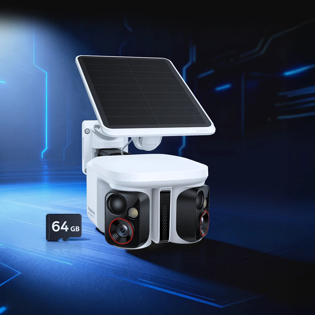 White outdoor solar dual security camera with solar panel and 64GB SD card tag