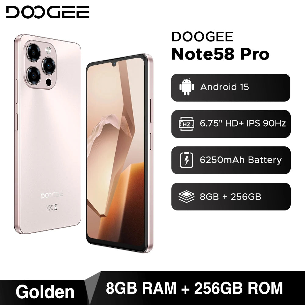 Global Version DOOGEE Note58 Pro Smartphone 6.75" HD+ Display 8GB RAM 256GB ROM 6250mAh Large battery NFC Android 15 Cellphone