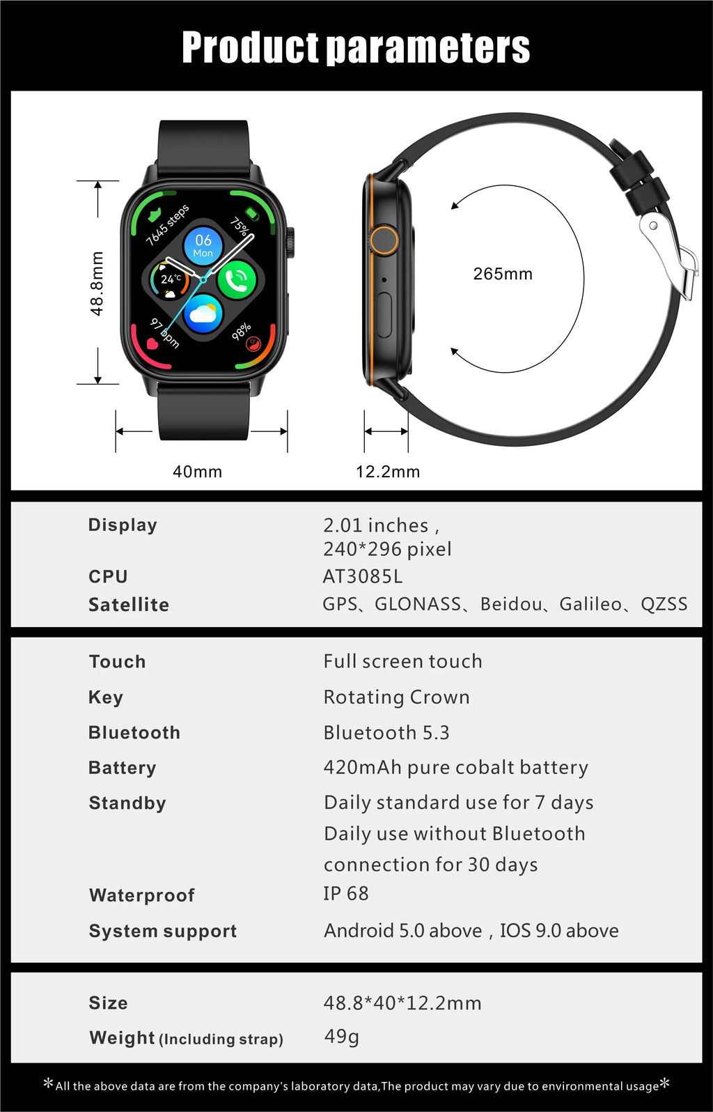 New Smartwatch Sports GPS tracker AMOLED Men Compass Military Outdoor Sports Bluetooth Call Watch 2.01 inch HD screen for Andrio