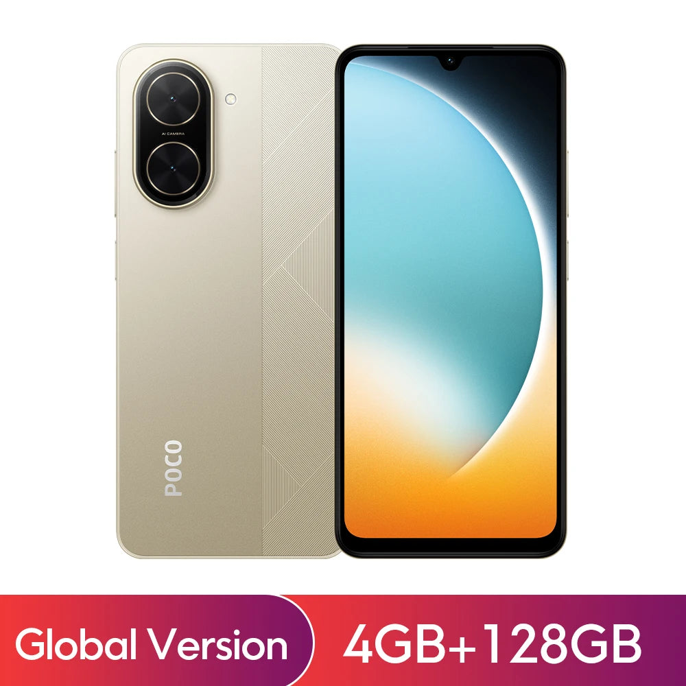 Gold Xiaomi POCO C71 Global Version, 6.88-inch display, dual camera, front and back view, 4GB+128GB smartphone.