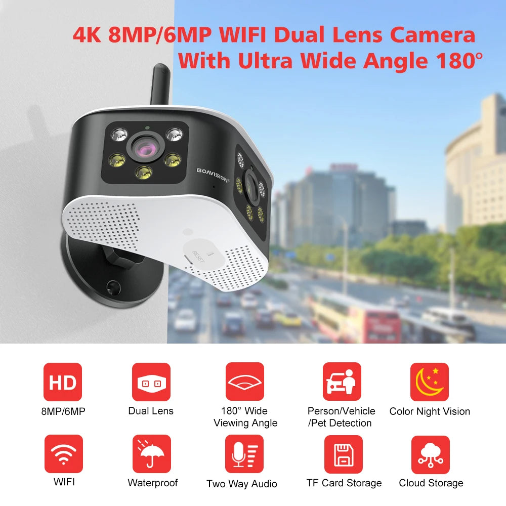 BOAVISION Outdoor 4K 8MP 180° Ultra Wide View Angle Panoramic WIFI Dual Lens Fixed IP Camera AI Human Detection Security Cam