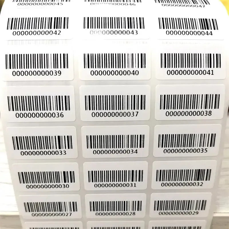 Barcode adhesive number stickers arranged in rows, black bars with matching digits.