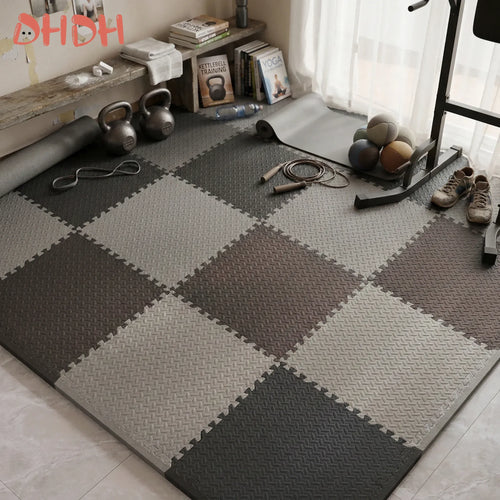 Gym floor mat interlocking rubber exercise tiles, smart yoga mats for home workout with non-slip durable fitness surface.