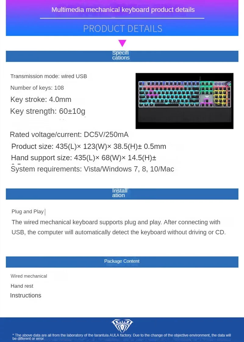 AULA F2058 Mechanical Gaming Keyboard Esports Game Macro Programming Keyboard Wired Mixed Backlight Keyboard for Game Laptop PC