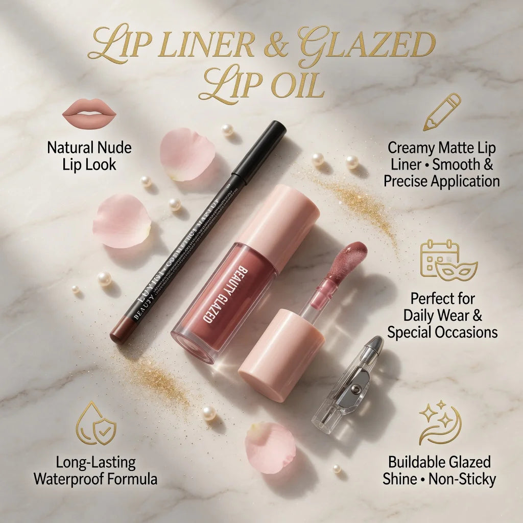 3-piece lip makeup set featuring a creamy matte nude lip liner, glazed lip oil, and a pencil sharpener.