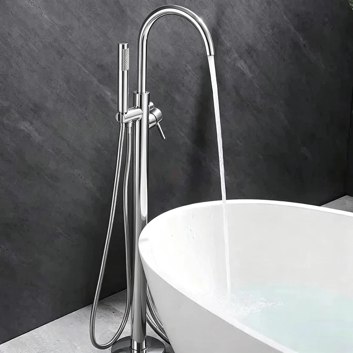 【Local Stock】Floor Free Standing Bathtub Faucet Mixer Single Handle Hot Cold Water Mixer Rotation with Handshower Bathtub Shower