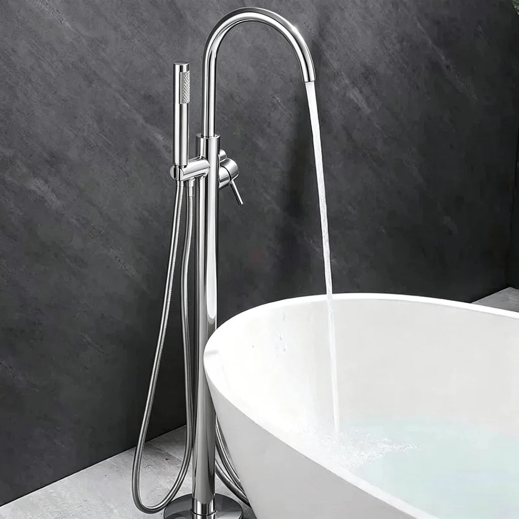 【Local Stock】Floor Free Standing Bathtub Faucet Mixer Single Handle Hot Cold Water Mixer Rotation with Handshower Bathtub Shower