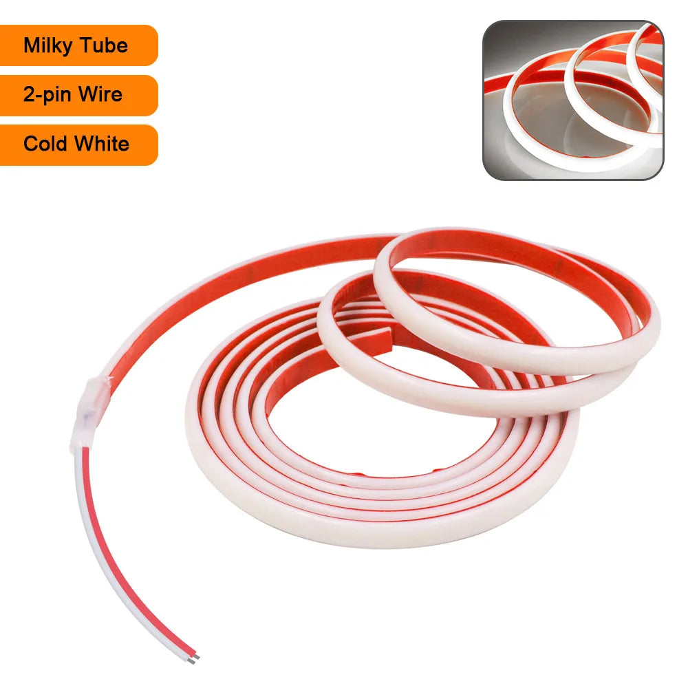 Cold white COB LED strip light kit, milky tube tape with 2-pin wire and white casing