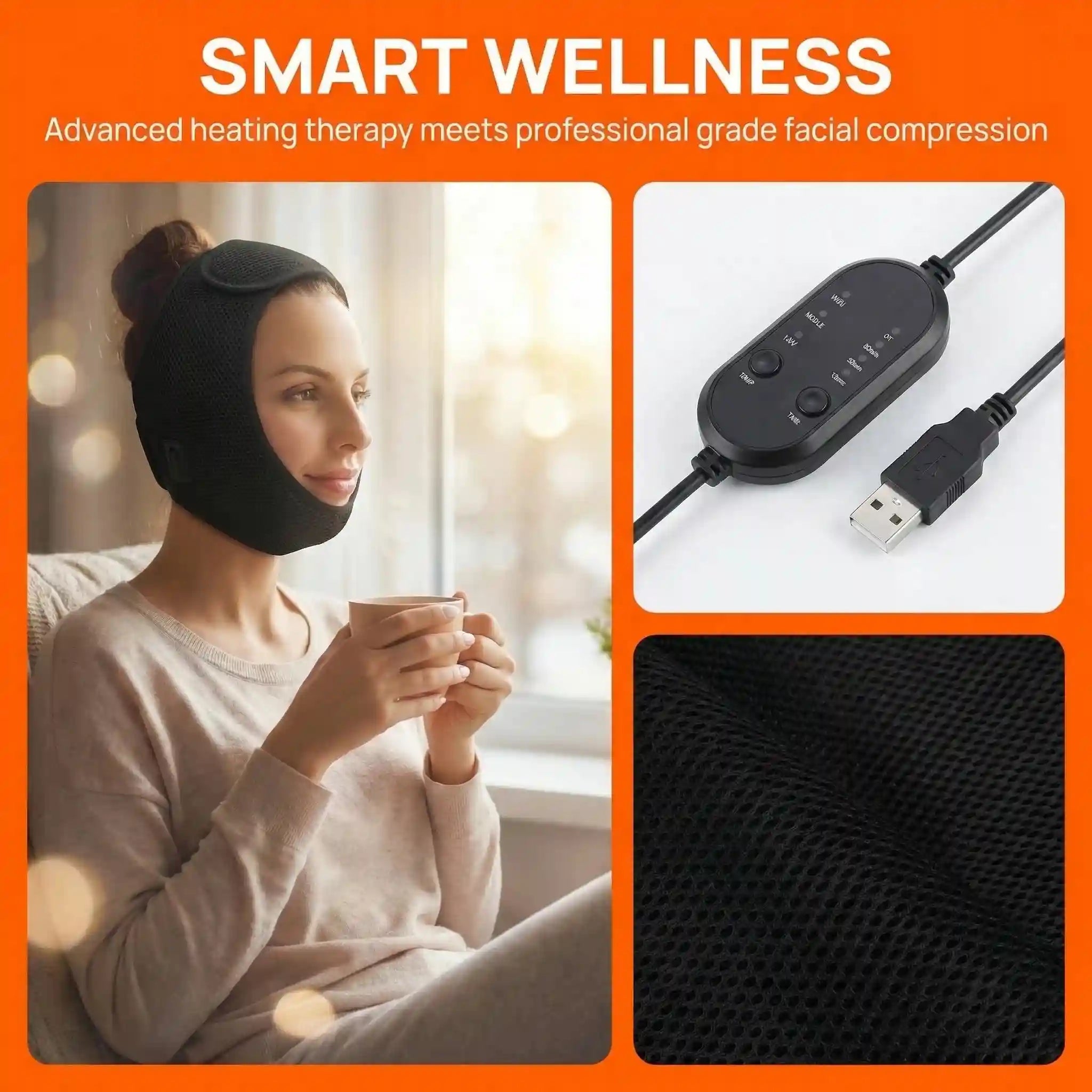 Black mesh jaw heating wrap worn by a woman, with USB-powered control pad for heat and time settings.