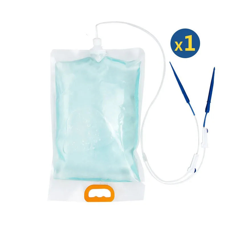 Garden drip irrigation kit with watering bag reservoir and blue tube with drip attachments