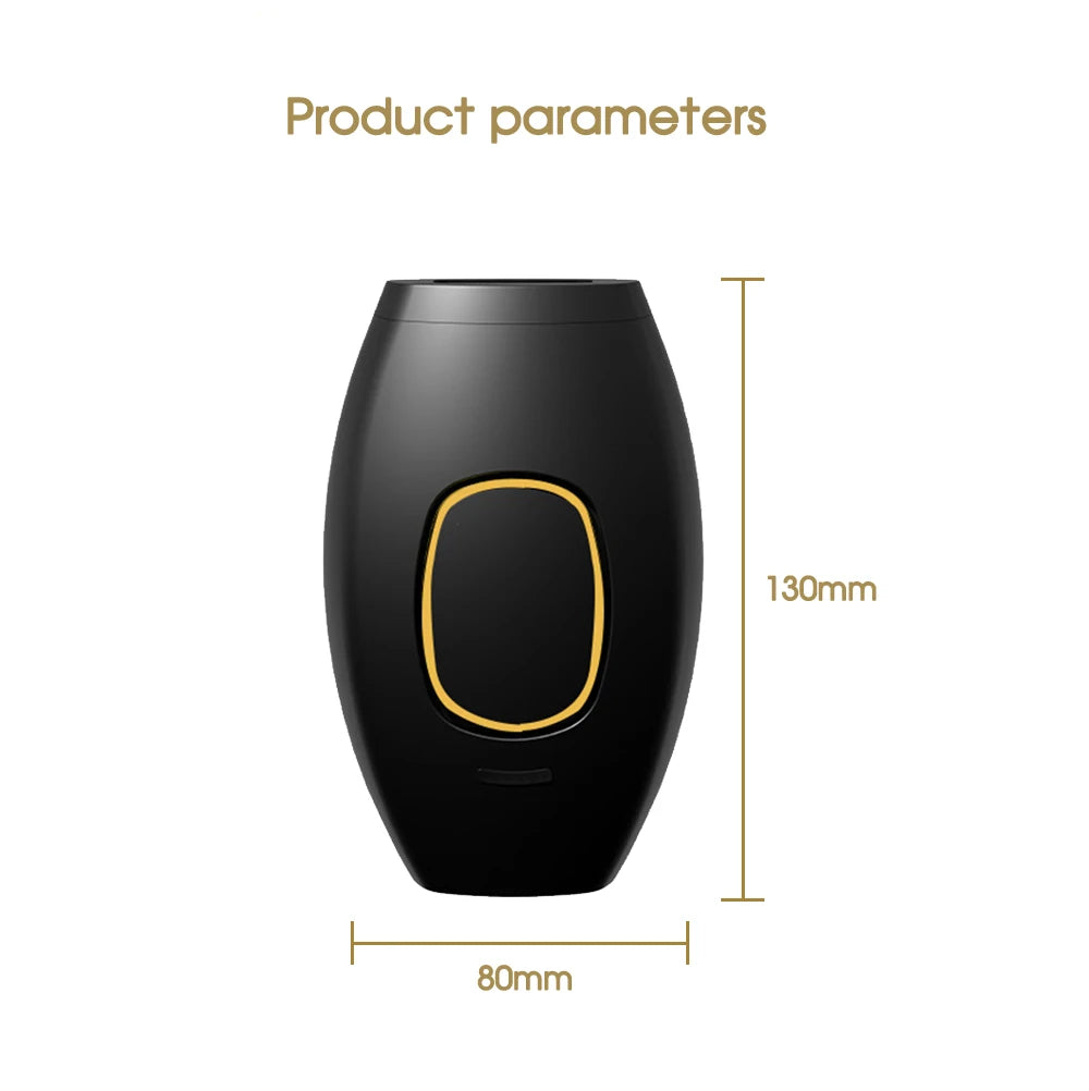 Black IPL laser hair removal device, 130mm x 80mm compact home use depilator with gold accent button and light pulses.