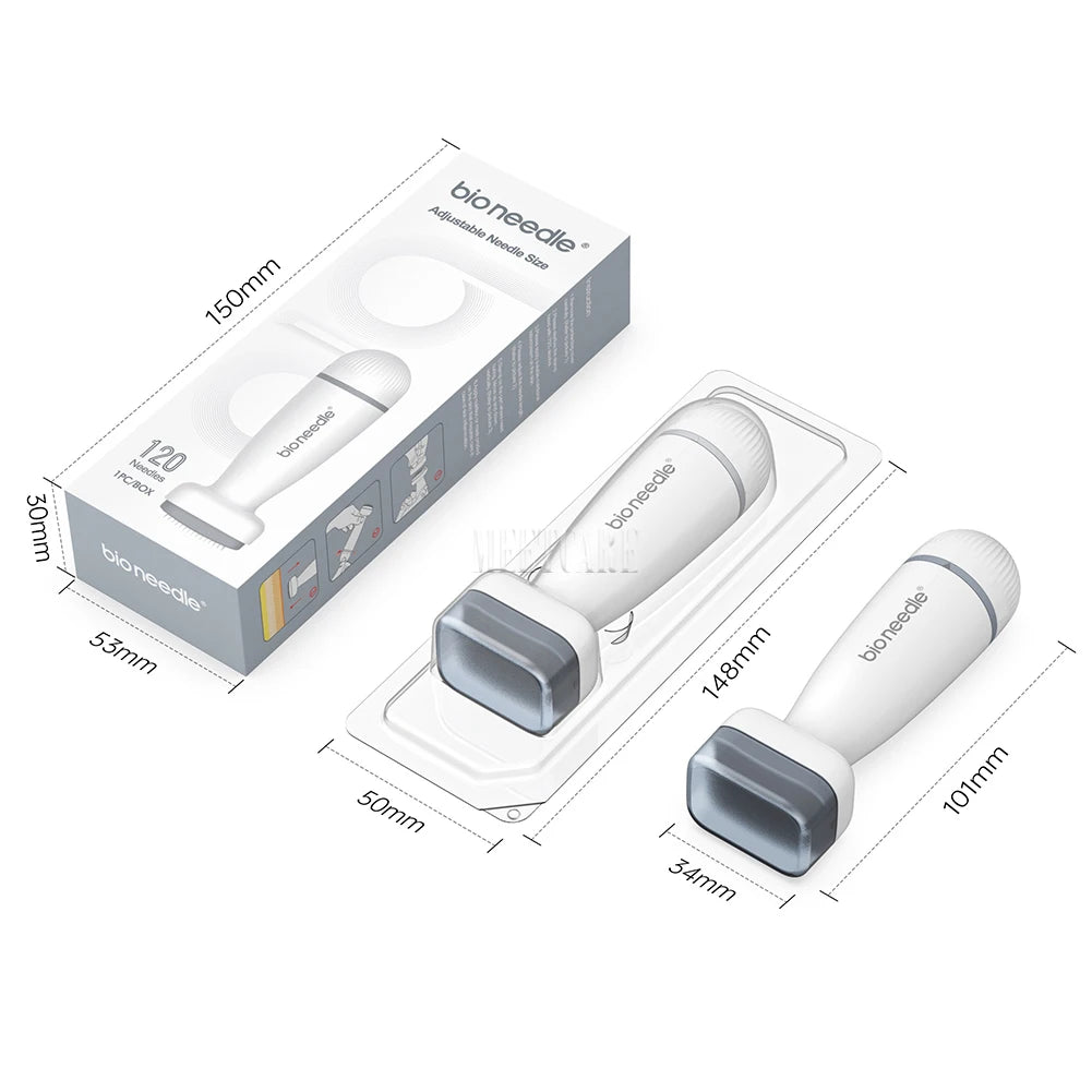 BIO 120 needle adjustable derma stamp for microneedling, beard and hair regrowth, white tool with box and dimensions.