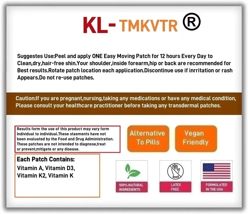 30 Patches Vitamin D3 K2 MK7 & A Transdermal Patches for Calcium Regulation Plus Bone Heart Thyroid & Immune Support