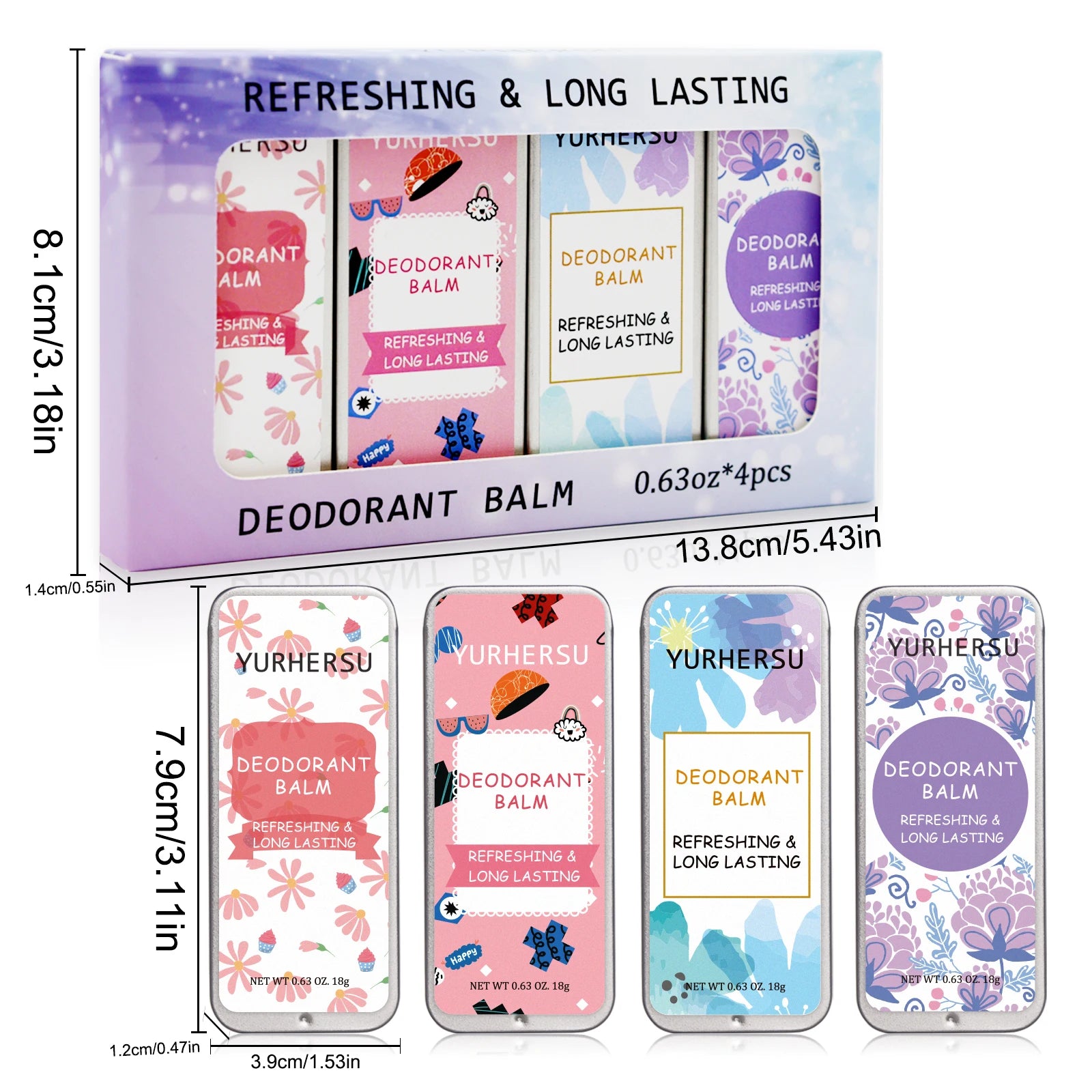 Four-piece deodorant balm set in colorful floral and patterned metal tins for fresh, long-lasting daily body care.