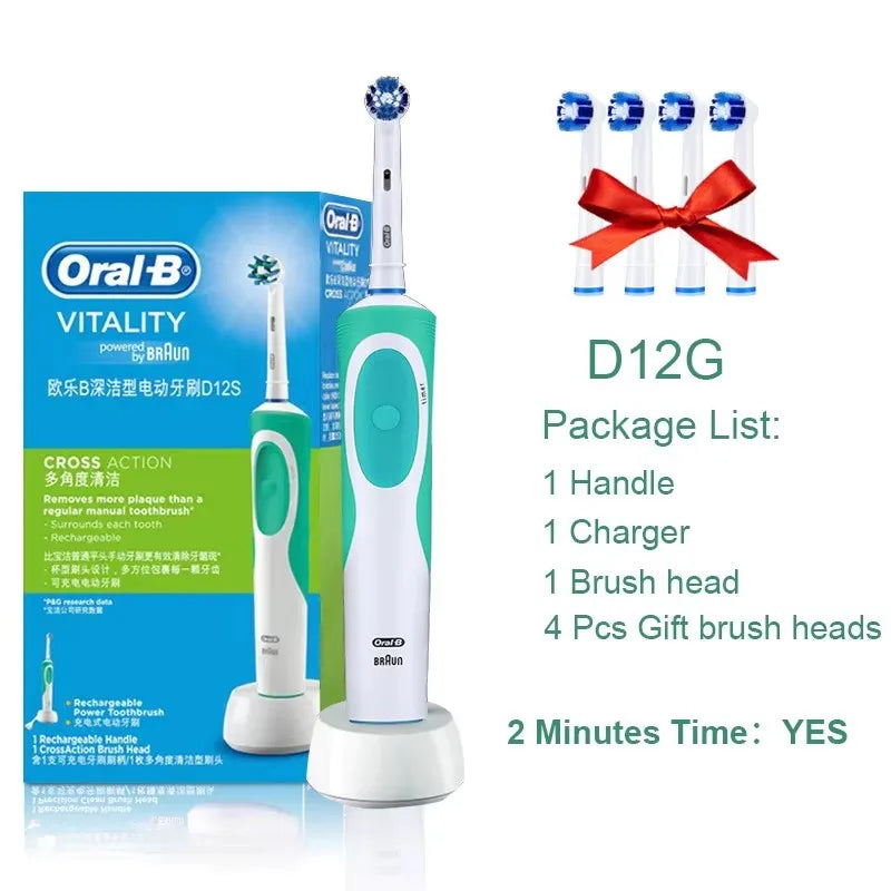 Tidesmit Oral B 3D White electric toothbrush with inductive charging and extra brush head in side profile view