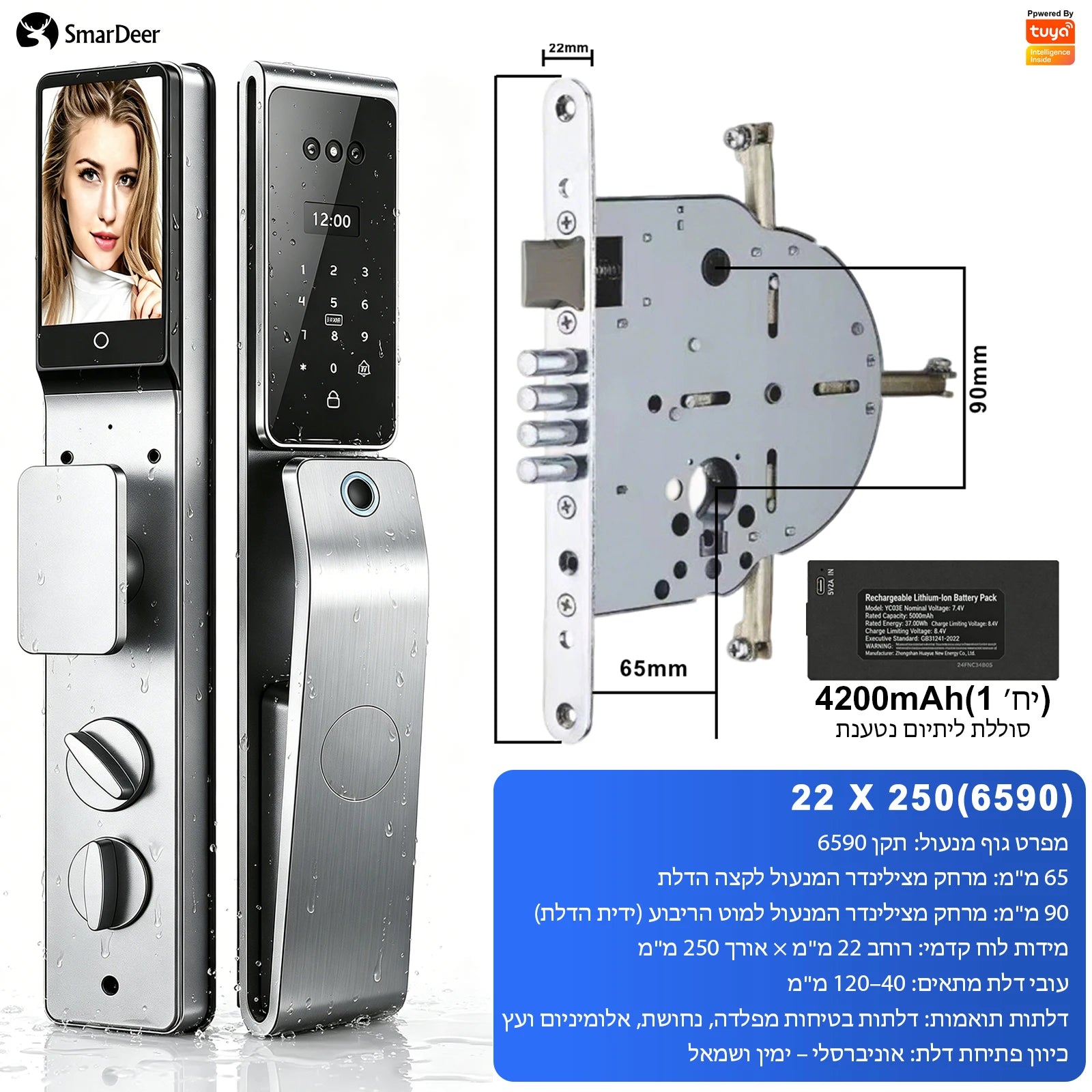 SmarDeer Israel 6590 Mortise Smart Lock for Tuya,IP66 Waterproof 3D Face & Palm Vein Recognition Lock with Hebrew,Tuya Wifi Lock