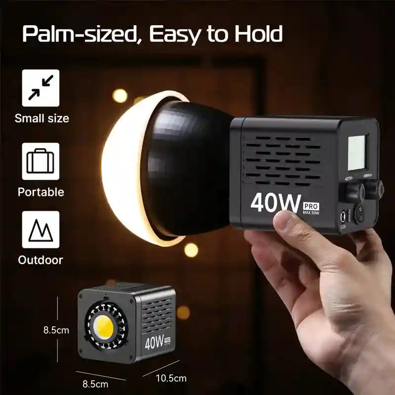 Compact 40W portable LED video light with a black square housing, dome diffuser, and controls for outdoor photography.