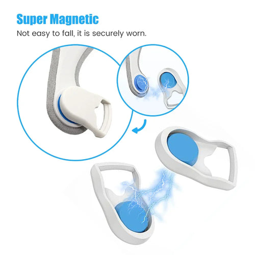 White and blue magnetic CPAP mask headgear clips for secure sleep apnea therapy connection.