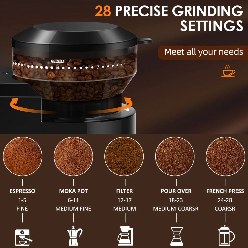 Black electric coffee grinder featuring a clear bean hopper and 28 precise grind settings for various brew methods.
