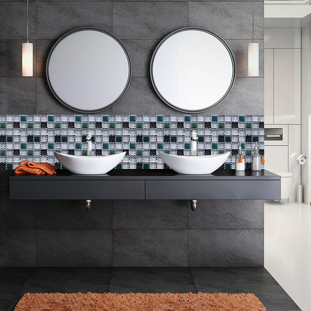 10pcs Flat Mosaic Style Tiles Sticker Kitchen Bathroom Waterproof & Oilproof Art Wall Sticker Peel & Stick Surface Glossy Film