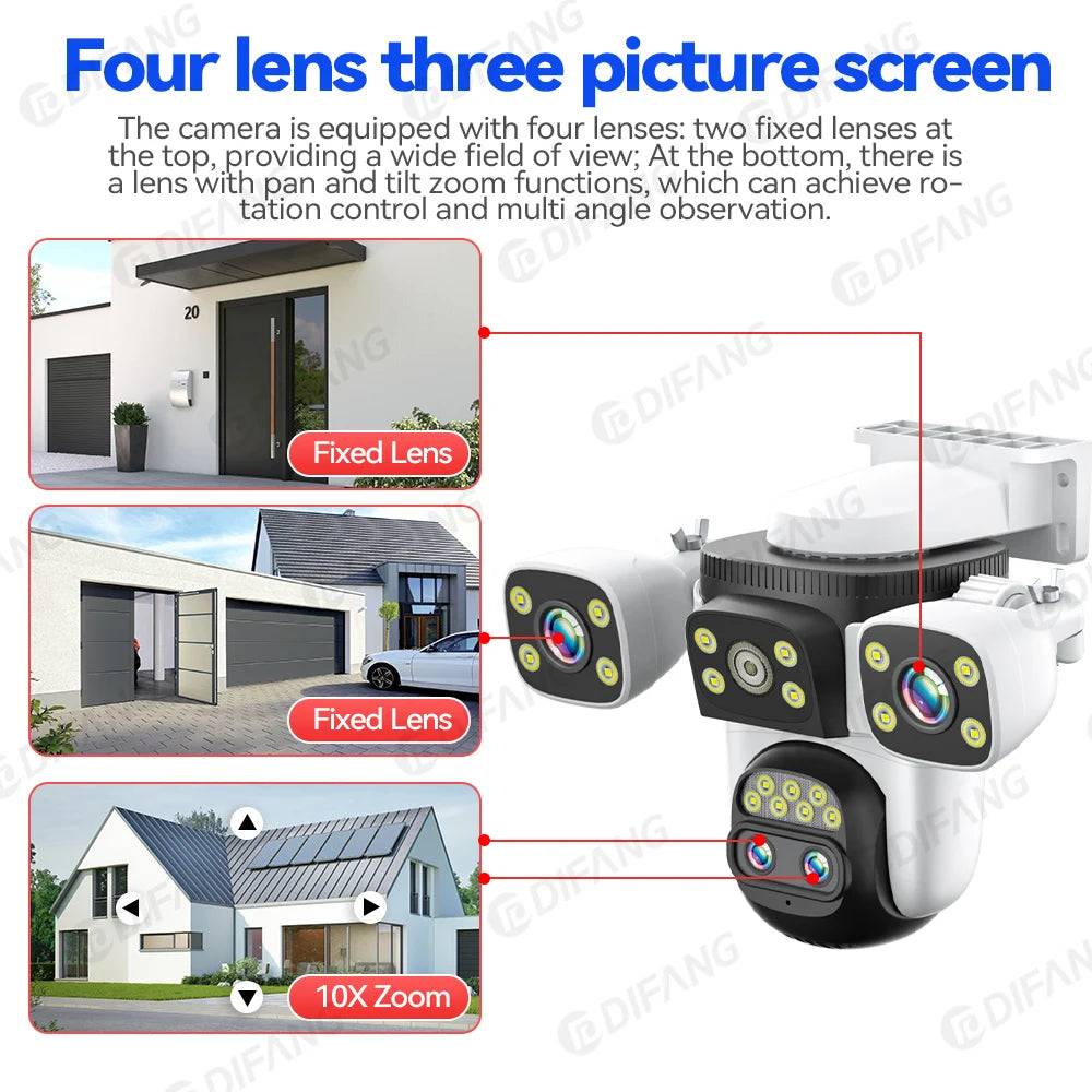 10K Outdoor 10X Optics Zoom WiFi6 Camera 20MP Three screen Four Len PTZ Automatic Tracking 6K Dual Lens Waterproof Security CCTV