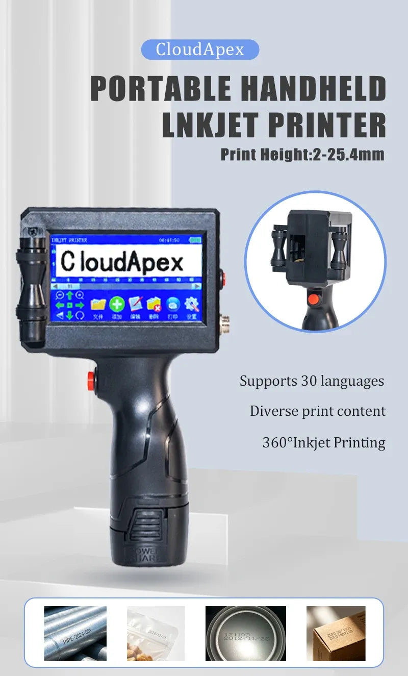 Portable handheld inkjet printer with display, language support icons, and 360° printing note