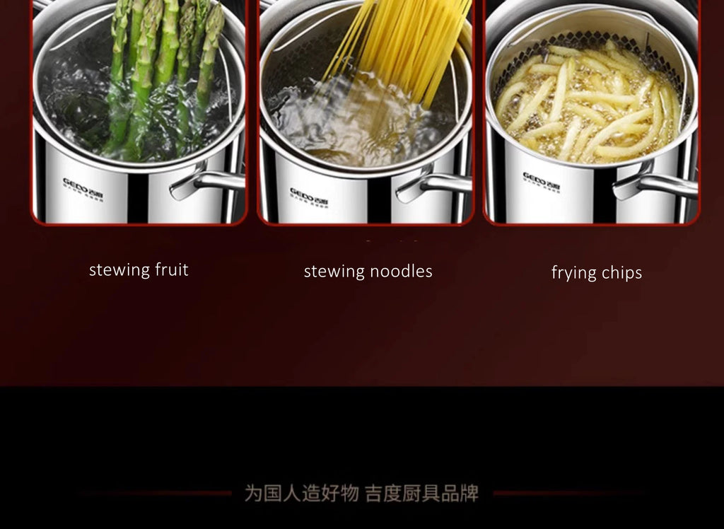 LFGB Certificated Pure 304 Stainless Steel Deep Fryer Oil Save Potato Chip Frying Pot Vegetable Noodle Stewing Pot with Strainer