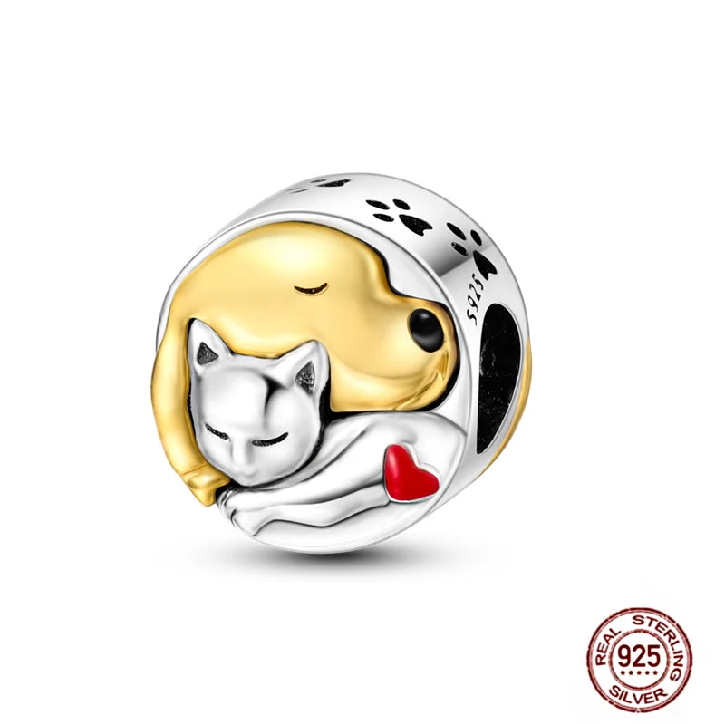 925 sterling silver charm bead with gold dog and silver cat hugging, perfect for pet lover DIY bracelets.