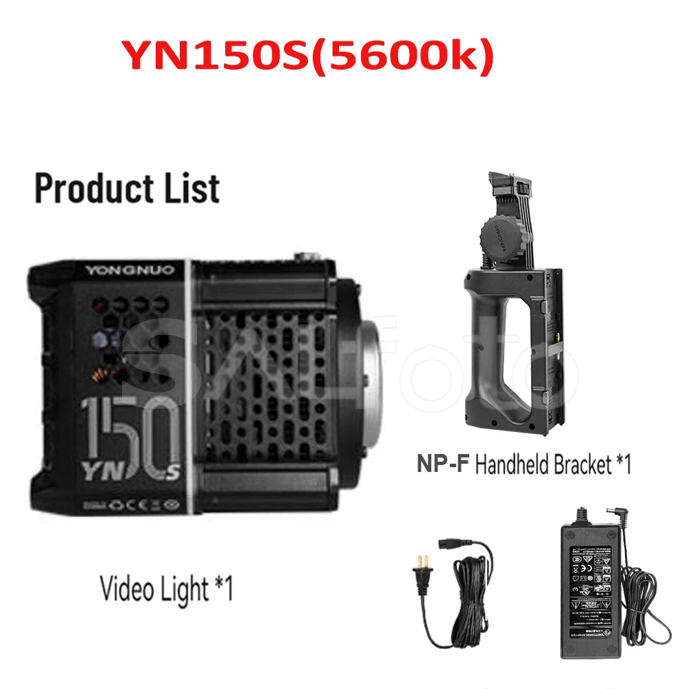 YN150S video light set including a black rectangular light, handheld bracket, and power adapter.
