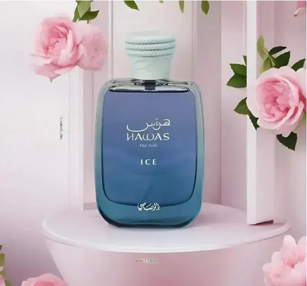 Rasasi Hawas Ice for Him 100ml: Blue rectangular glass cologne bottle, luxury unisex fragrance, fresh scent profile.