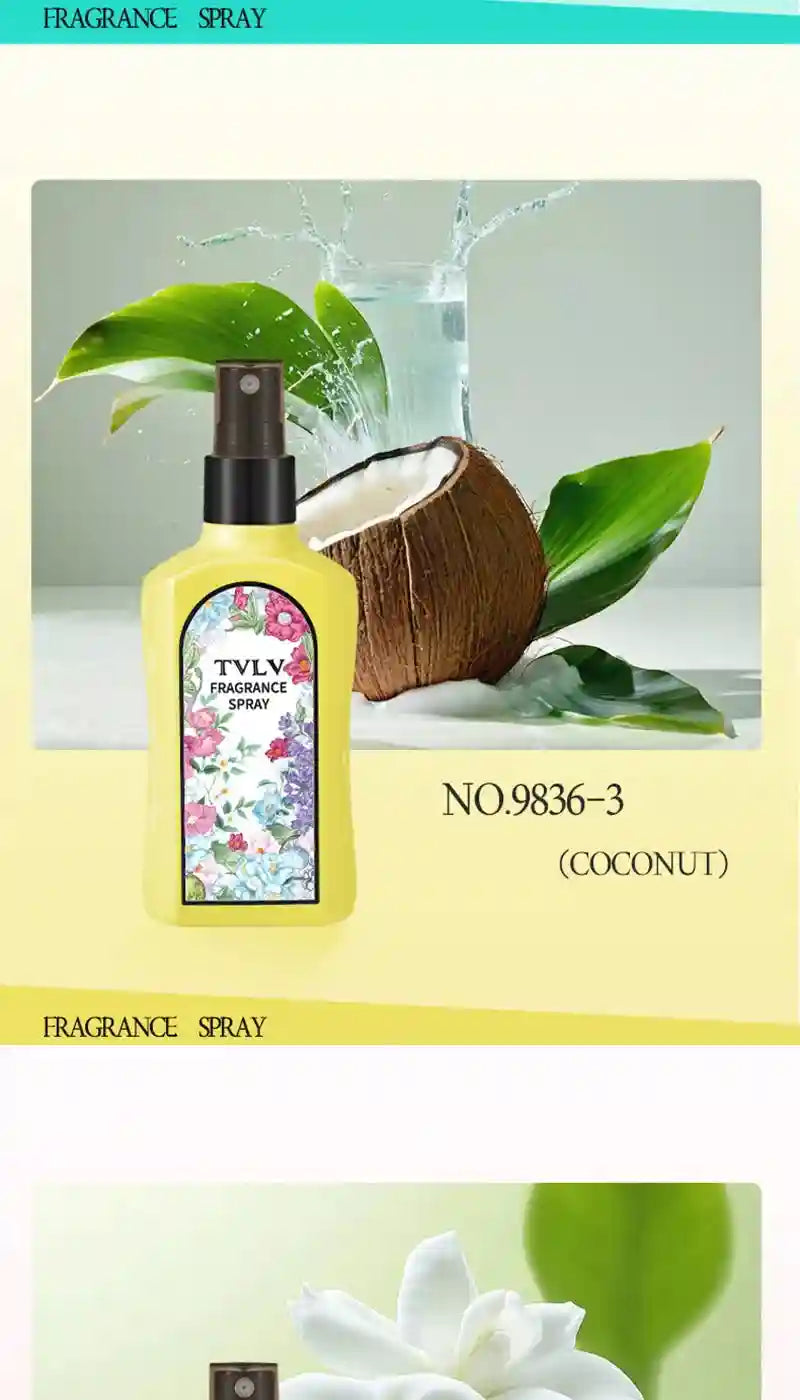 TVLV Coconut Fragrance Spray for women in yellow rectangular bottle. Long-lasting, fresh floral scent for clothing.