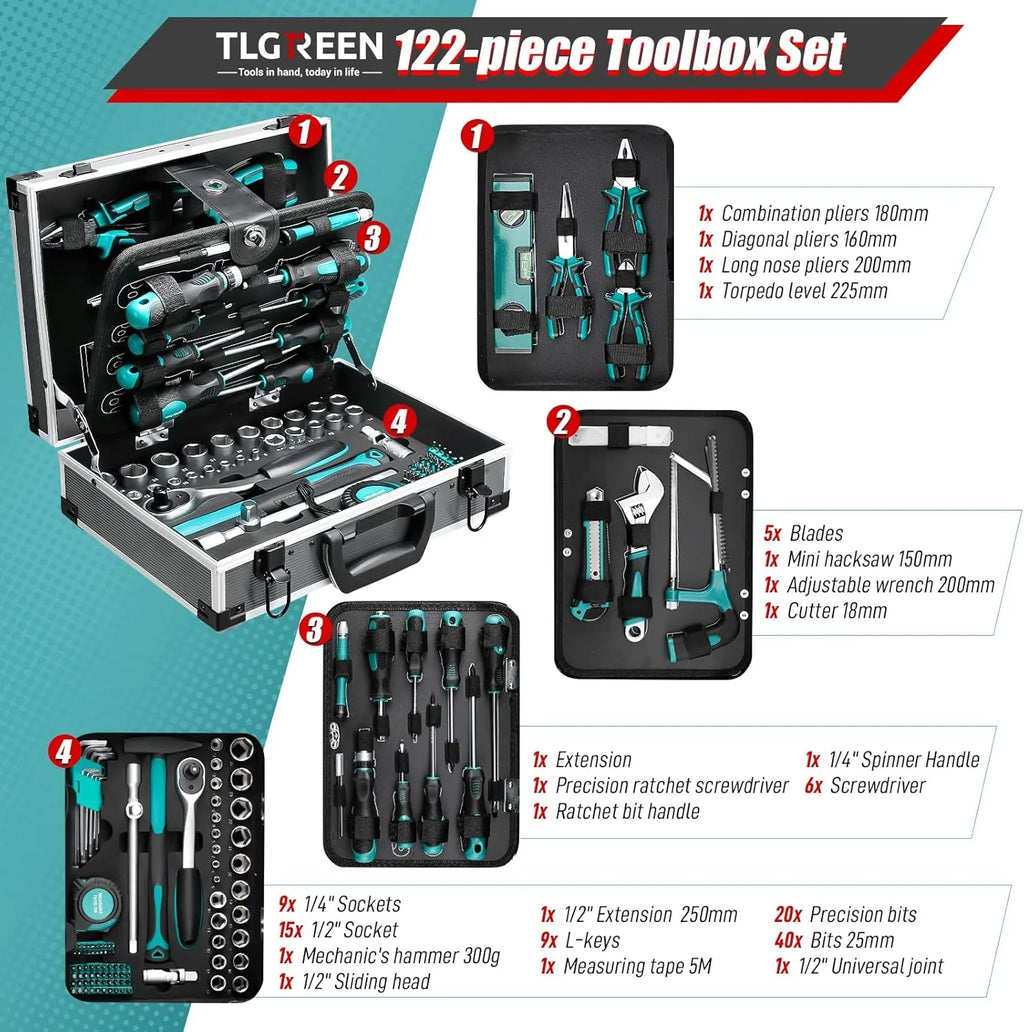 Aluminum Tool Case Filled with 122-piece Tool Set | Workshop Case Equipped w/ Wrenches, Hammer, Pliers, Screwdrivers, Toolbox