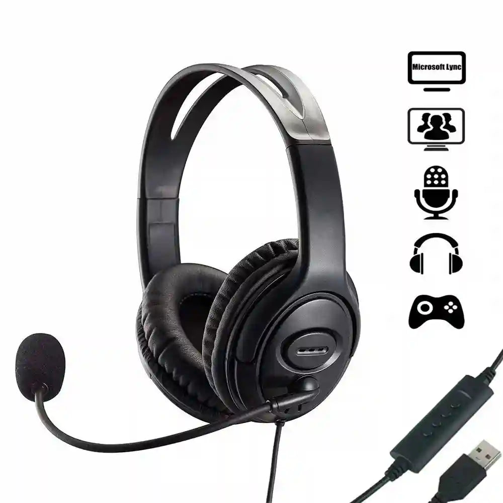 USB Wired Headset with Noise Cancelling Mic for PC - Black Tidesmit