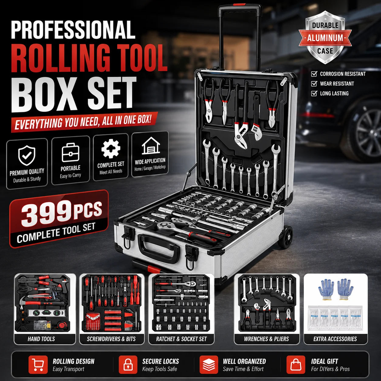 Professional Rolling Toolbox with Wheels Complete Mechanic Tool Set Heavy Duty Socket Wrench Kit Automotive Repair Hand Tools Portable Storage Case for Car Motorcycle Bicycle Home Garage Workshop Maintenance Equipment DIY