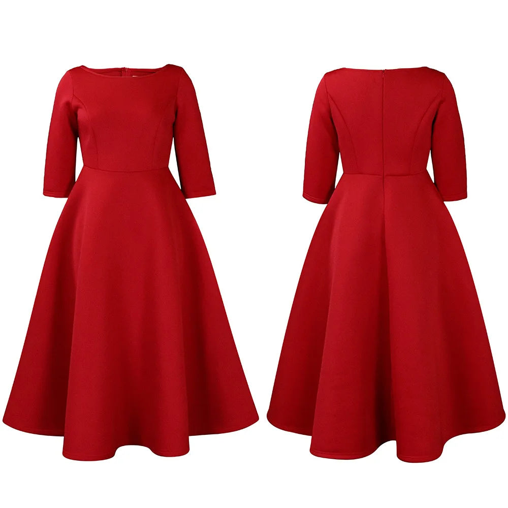 Elegant Pure Color Maxi Dress Evening Gown A- Line Skirt Polyester Fabric round Neck Short Sleeve High Waist Midi Dress