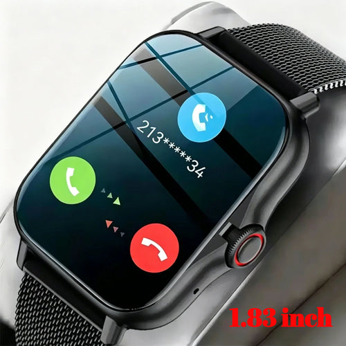 Black smart watch with mesh band and bright HD display with call icons