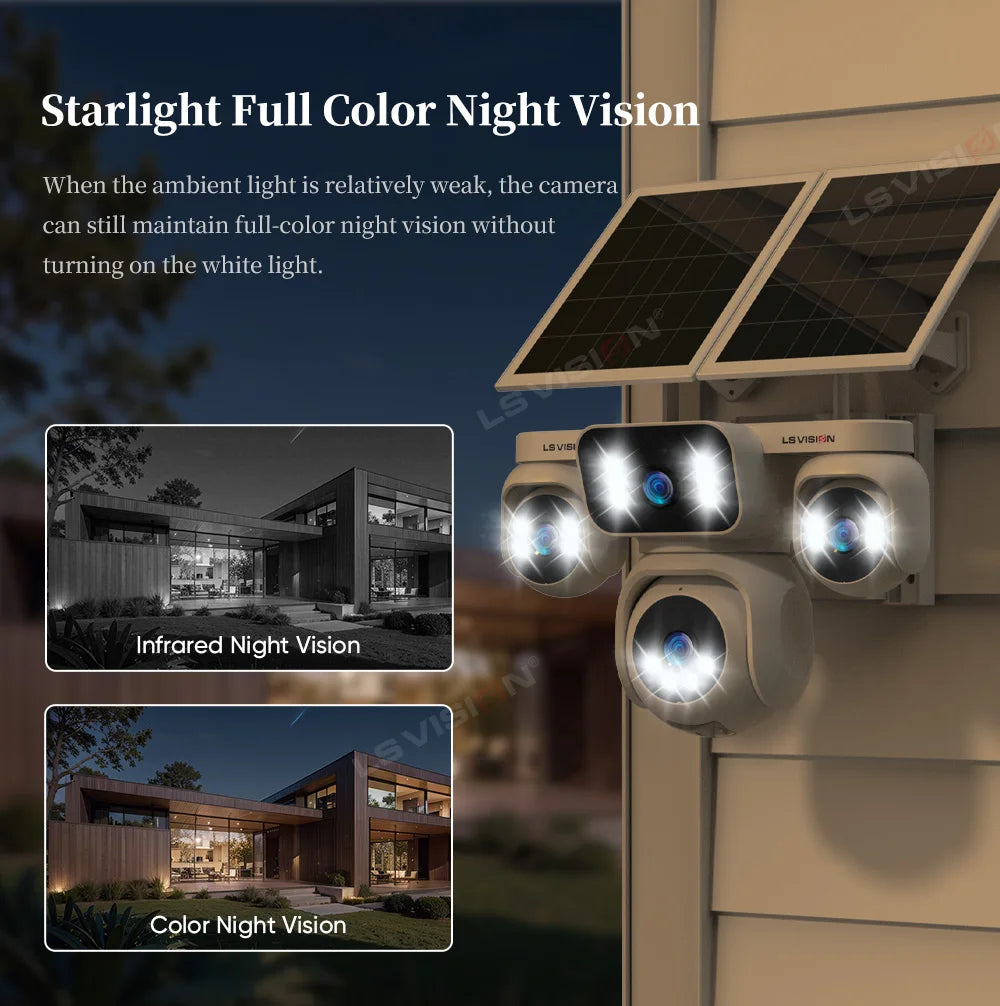 LS VISION 20MP Four Screens Solar Security Camera Outdoor 12X Zoom 4-Lens 4G Sim Ai Tracking Waterproof CCTV 24/7 Recording AOV